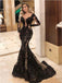 Sexy Mermaid Long Sleeves Black V-neck Long Party Prom Dresses, Cheap Dance Dresses,12353