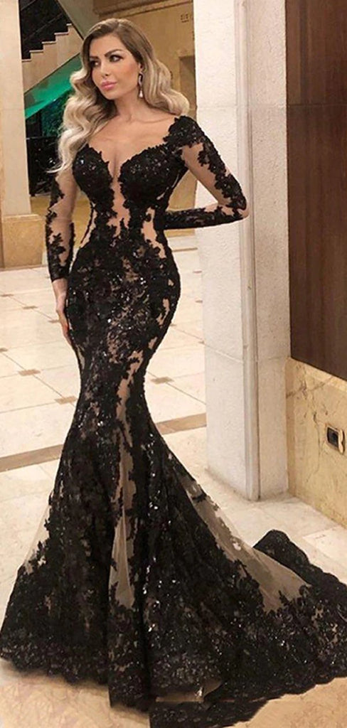 Sexy Mermaid Long Sleeves Black V-neck Long Party Prom Dresses, Cheap Dance Dresses,12353