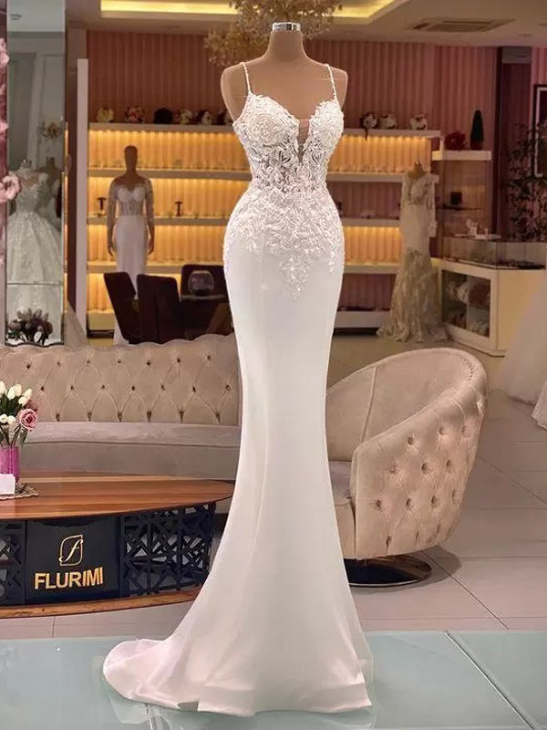 Sexy Mermaid Off White Spaghetti Straps Cheap Long Prom Dresses,12874