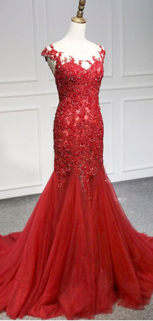 Sexy Mermaid Red Cap Sleeves Long Prom Dresses Online, Dance Dresses,12379