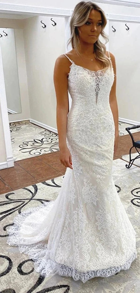 Sexy Mermaid Spaghetti Straps Backless Handmade Lace Wedding Dresses,WD765