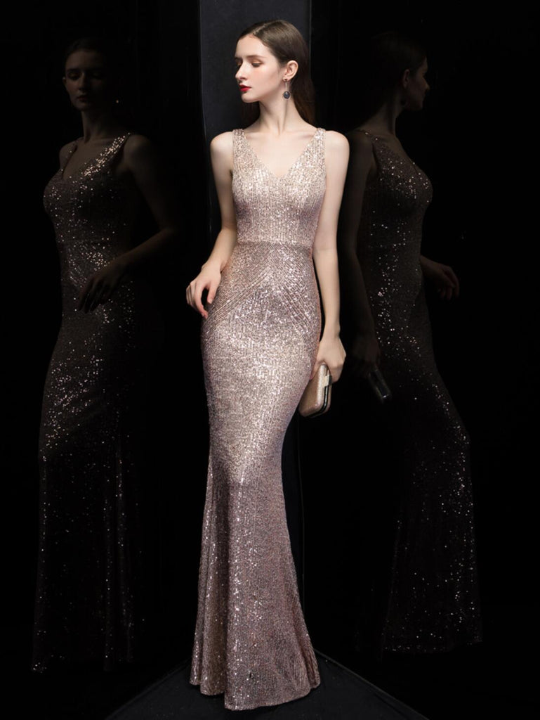 Sexy Mermaid  V Neck Champagne Gold Long Evening Prom Dresses, Evening Party Prom Dresses, 12319