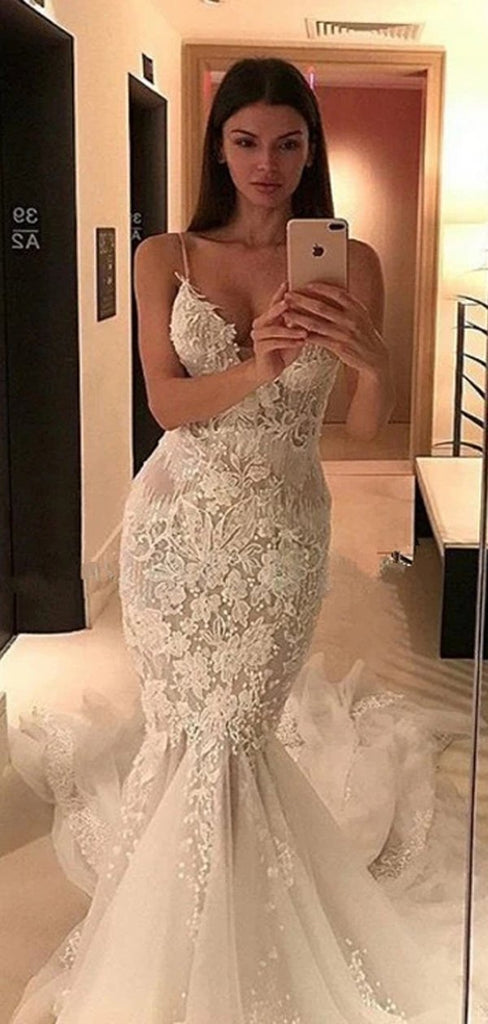 Sexy Mermaid V-neck Spaghetti Straps Handmade Lace Wedding Dresses,WD739