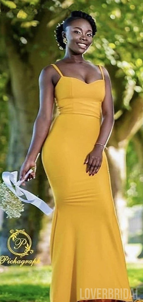 Sexy Mermaid Yellow Spaghetti Straps Simple Long Bridesmaid Dresses Gown, WG888