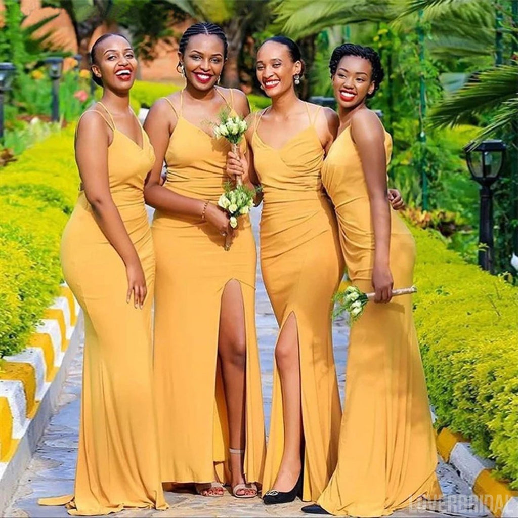 Sexy Mermaid Yellow Spaghetti Straps V-neck High Slit Long Bridesmaid Dresses Gown Online, WG873