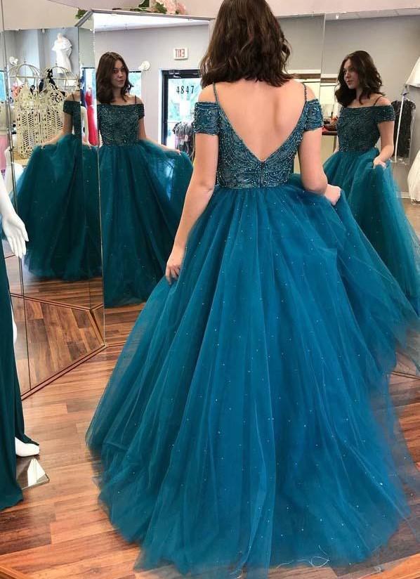 Sexy Off Shoulder Backless Teal A line Long Evening Prom Dresses, Popular Cheap Long Party Prom Dresses, 17311