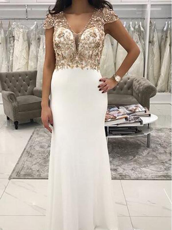 Sexy Open Back Cap Sleeve Gold Beaded Mermaid Long Custom Evening Prom Dresses, 17449