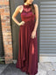 Sexy Open Back Dark Red Halter Chiffon Long Evening Prom Dresses, 17519