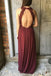 Sexy Open Back Dark Red Halter Chiffon Long Evening Prom Dresses, 17519