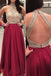 Sexy Open Back Halter Dark Red Two Beaded Custom Long Evening Prom Dresses, 17481