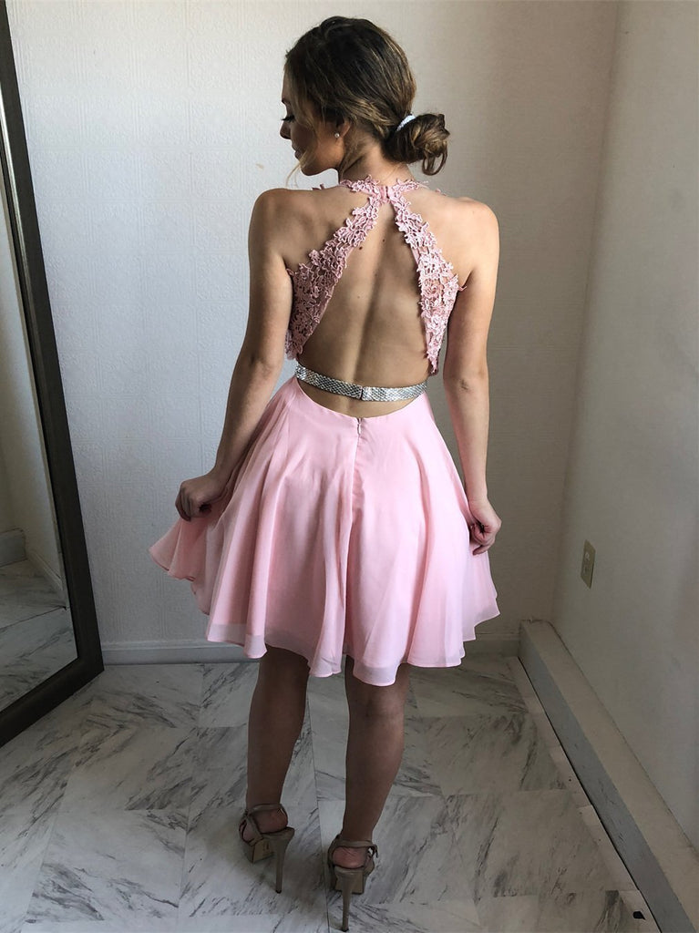 Sexy Open Back Halter Lace Pink Short Homecoming Dresses Online, CM637