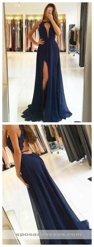 Sexy Open Back Halter Navy Long Evening Prom Dresses, Cheap Sweet 16 Dresses, 18309