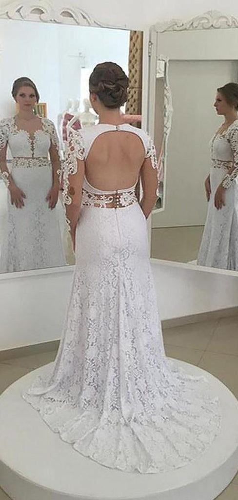 Sexy Open Back Long Sleeves Lace Mermaid Wedding Dresses Online, WD419