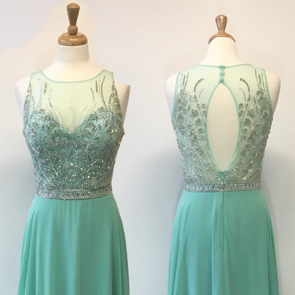 Sexy Open Back Mint Green Delicately Beaded Long Evening Prom Dresses, Popular Cheap Long Custom Party Prom Dresses, 17316