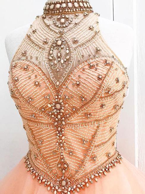 Sexy Open Back Orange Halter Delicate Beading Rhinestone Ball Gown Organza Long Evening Prom Dresses, 17347