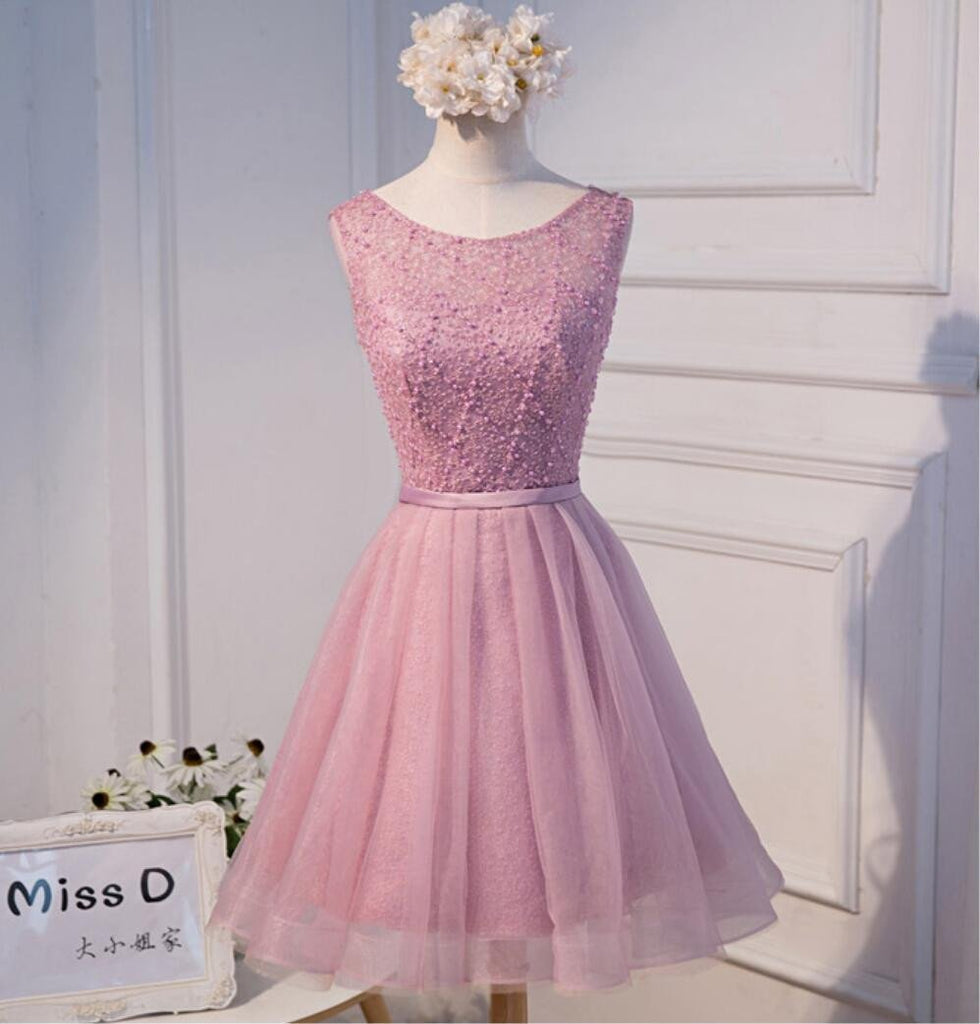 Sexy Open Back Pink Beaded Cute Homecoming Prom Dresses, Affordable Short Party Prom Dresses, Perfect Homecoming Dresses, CM303