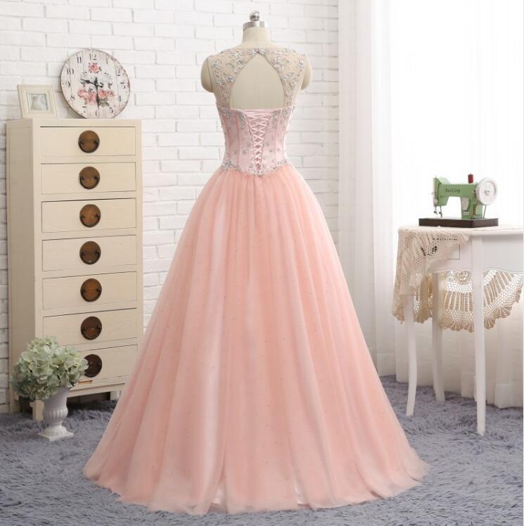 Sexy Open Back Scoop Neckline Blush Pink Evening Prom Dresses, Popular Beaded Party Prom Dress, Custom Long Prom Dresses, Cheap Formal Prom Dresses, 17153