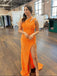 Sexy Orange Mermaid One Shoulder High Slit Maxi Long Prom Dresses,13004