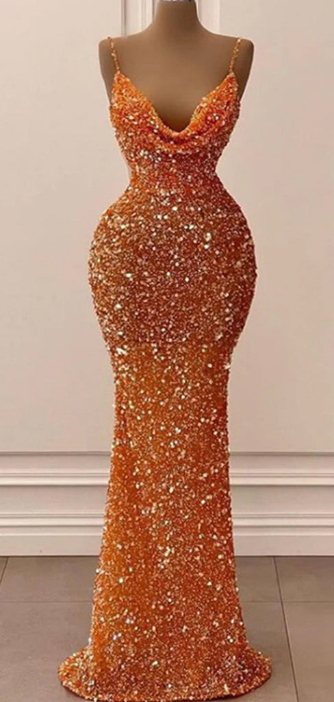 Sexy Orange Mermaid Spaghetti Straps Sleeveless Cheap Long Prom Dresses,12890