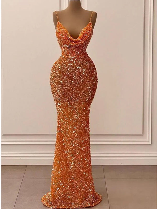 Sexy Orange Mermaid Spaghetti Straps Sleeveless Cheap Long Prom Dresses,12890