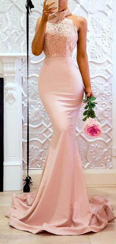 Sexy Pink Mermaid Halter Sleeveless Cheap Long Prom Dresses Online,12448