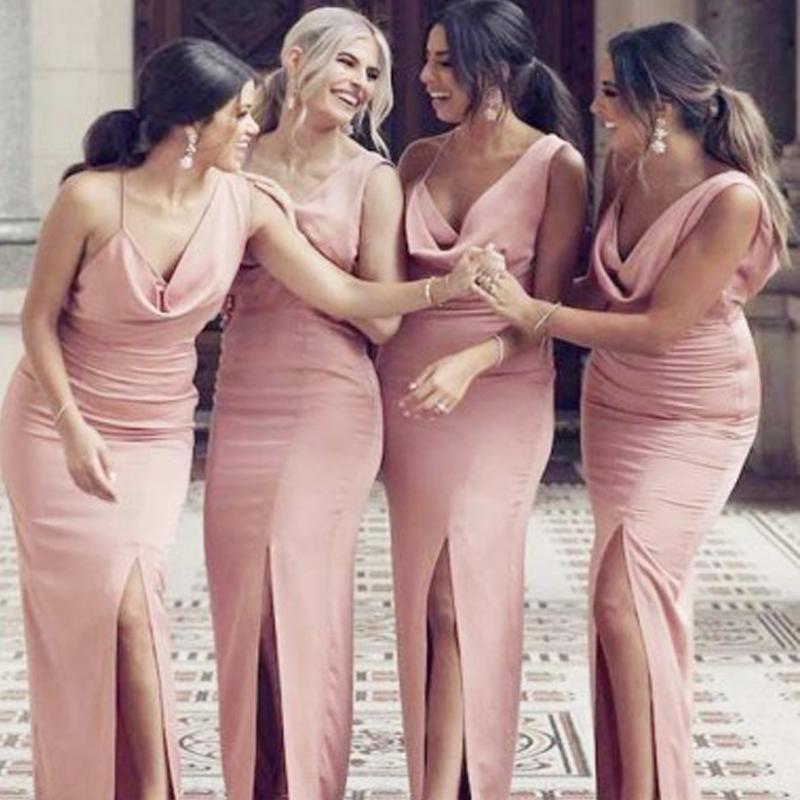 Sexy Pink Mermaid Side Slit Long Bridesmaid Dresses Online, WG301