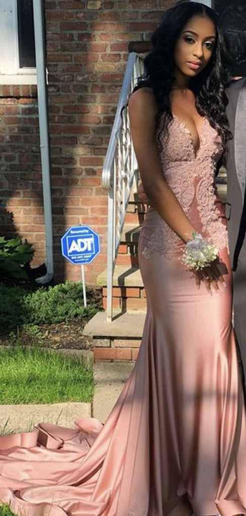 Sexy Pink Mermaid Spaghetti Straps V-neck Maxi Long Prom Dresses,Evening Dresses,12995