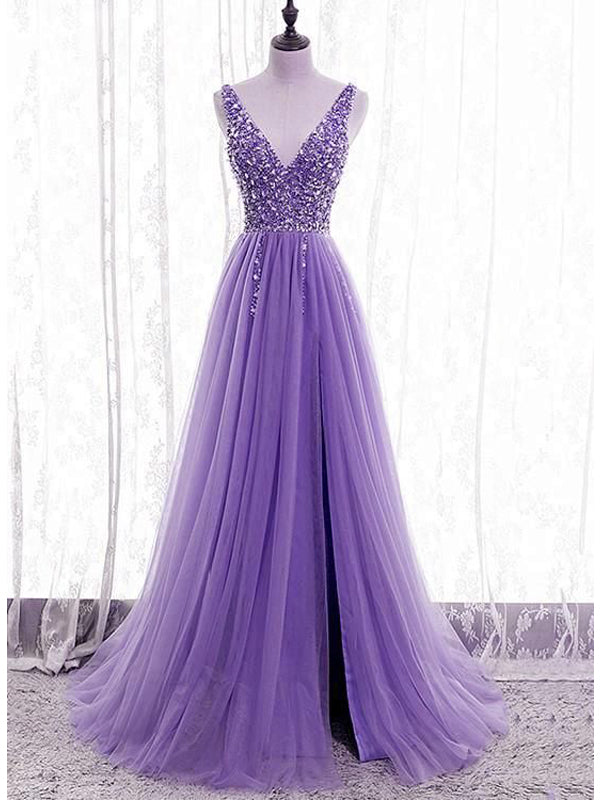 Sexy Purple A-line Straps V-neck Maxi Long Prom Dresses,Evening Dresses,12946