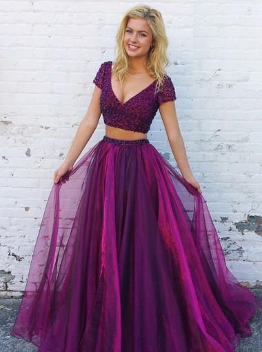 Sexy Purple Two Pieces Backless Beaded Long Evening Prom Dresses, 17565