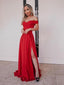 Sexy Red A-line Off Shoulder Side Slit Cheap Long Prom Dresses Online,12424