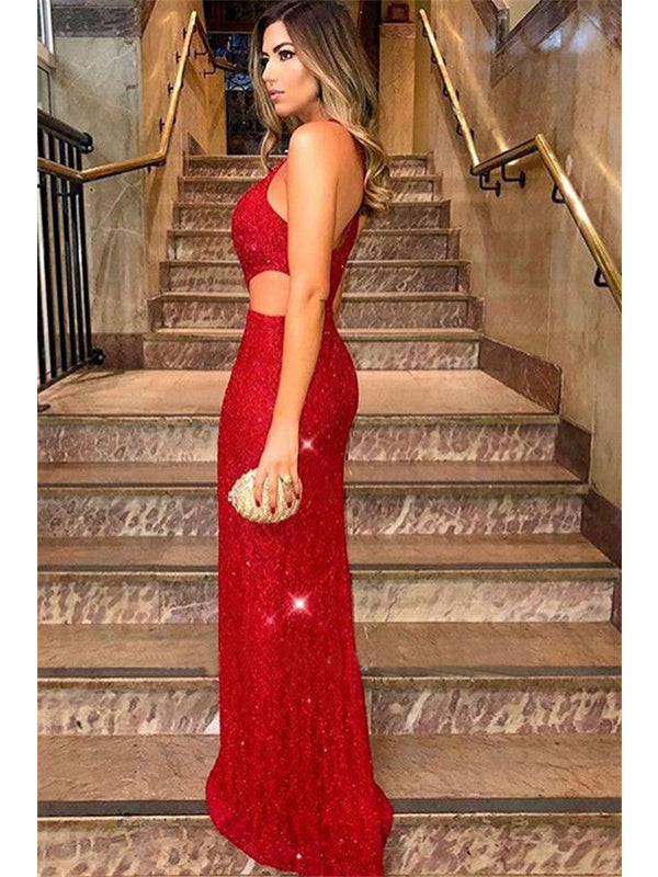 Sexy Red Mermaid One Shoulder Side Slit Cheap Long Prom Dresses,12776