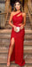 Sexy Red Mermaid One Shoulder Side Slit Cheap Long Prom Dresses,12776