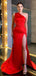 Sexy Red Mermaid One Shoulder Side Slit Cheap Long Prom Dresses,12782