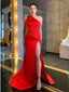 Sexy Red Mermaid One Shoulder Side Slit Cheap Long Prom Dresses,12782