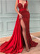 Sexy Red Mermaid V-neck High Slit Cheap Long Prom Dresses,12840