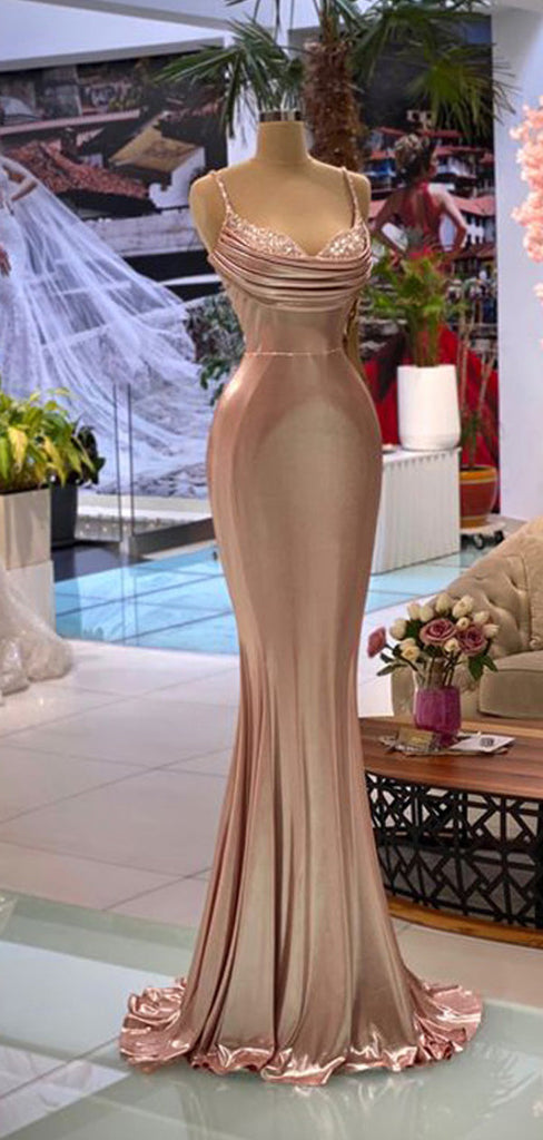 Sexy Rose Gold Mermaid Spaghetti Straps Maxi Long Prom Dresses Online,13048