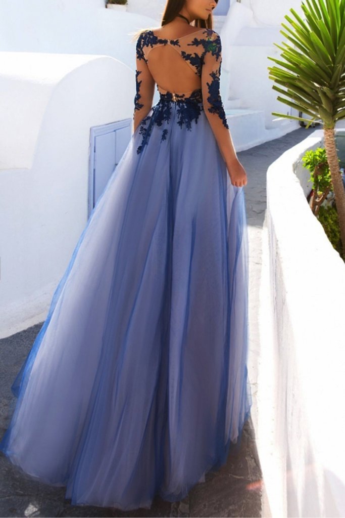 Sexy See Through Blue Lace Long Sleeve Open Back Custom Long Evening Prom Dresses, 17482