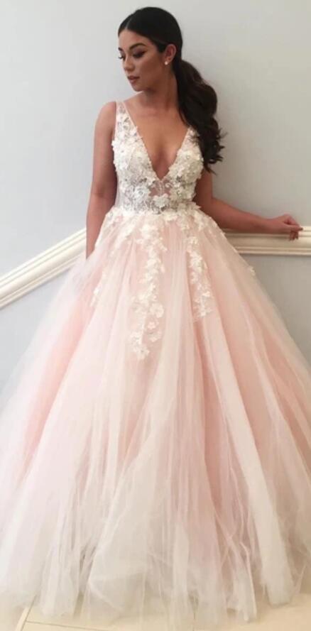 Sexy See Through Lace Applique Pale Pink A line Long Custom Evening Prom Dresses, 17450