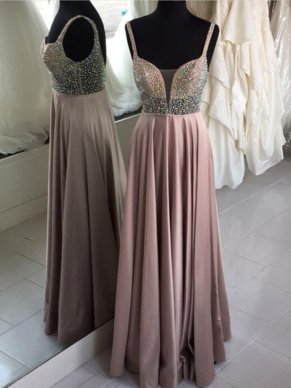 Sexy See Through V Neck Grey Beaded Floor Long Custom Evening Prom Dresses, 17421