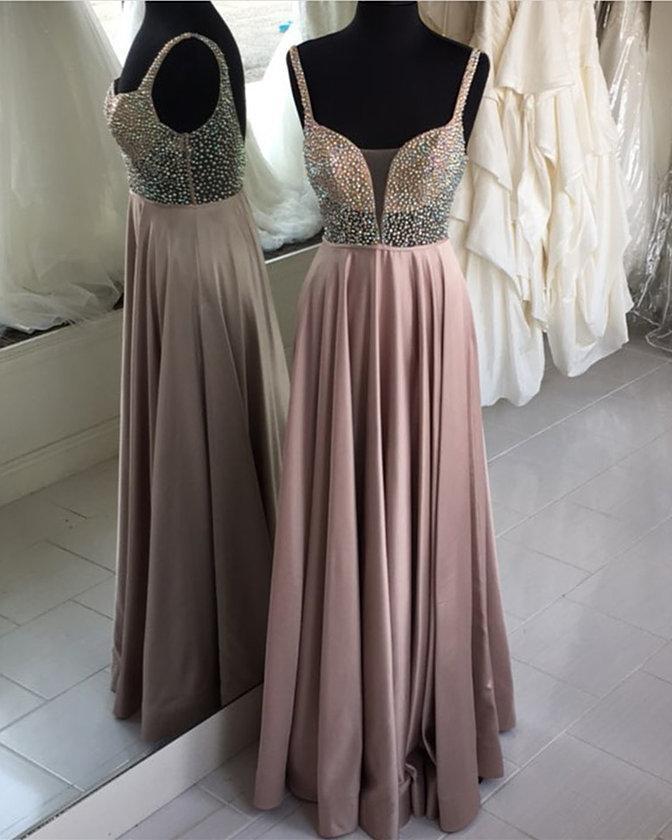 Sexy See Through V Neck Grey Beaded Floor Long Custom Evening Prom Dresses, 17421