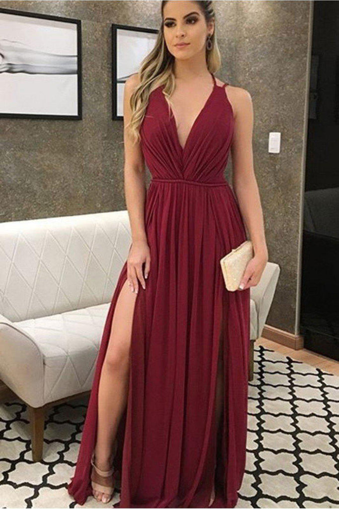 Sexy Side Slit Dark Red Chiffon Cheap Bridesmaid Dresses Online, WG767