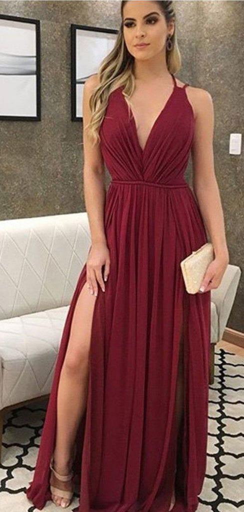 Sexy Side Slit Dark Red Chiffon Cheap Bridesmaid Dresses Online, WG767