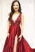 Sexy Side Slit Deep V Neck Red A-line Long Evening Prom Dresses, Cheap Sweet 16 Dresses, 18326