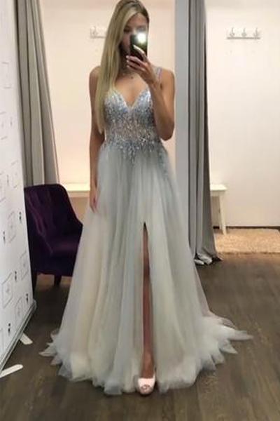 Sexy  Side Slit V Neck See Through Beaded A-line Long Evening Prom Dresses, 17646