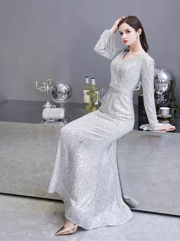 Sexy Silver Mermaid Long Sleeves V-neck Cheap Prom Dresses Online,12758