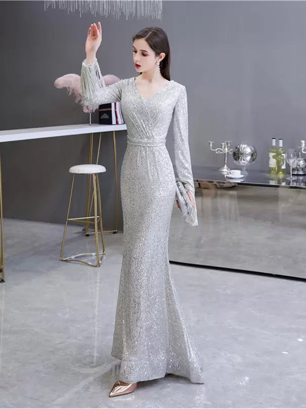 Sexy Silver Mermaid Long Sleeves V-neck Cheap Prom Dresses Online,12758