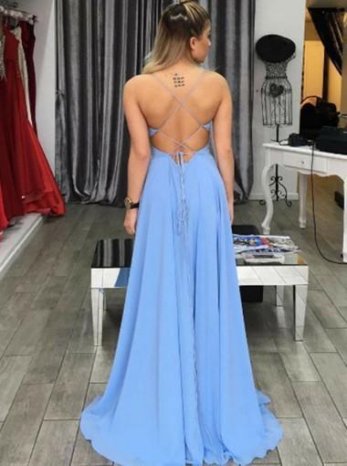 Sexy Simple Backless Blue Side Slit Long Evening Prom Dresses, 17586