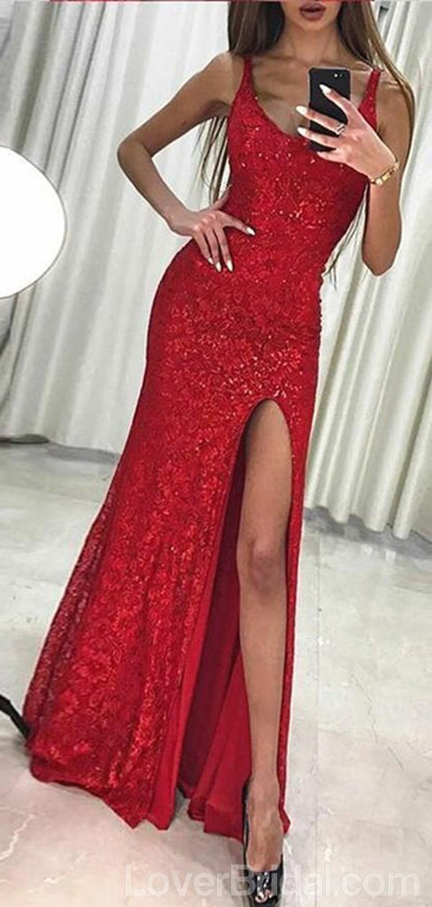 Sexy Sparkly Red Mermaid Side Slit Long Evening Prom Dresses, Cheap Custom Sweet 16 Dresses, 18548