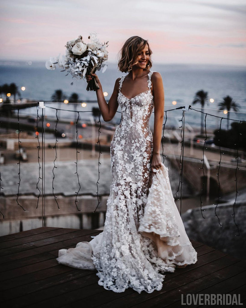 Sexy Straps Lace Mermaid Boho Wedding Dresses Online, WD725