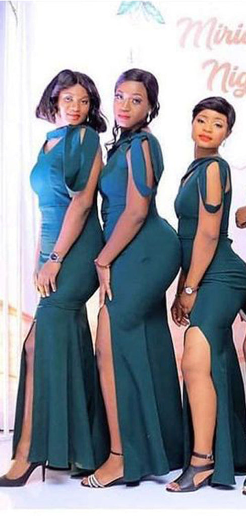 Sexy Teal Mermaid High Slit Cheap Long Bridesmaid Dresses,WG1204